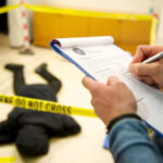 A person writing on paper near a body.